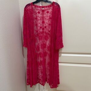 Hot Pink Sheer Lacey knee length cover up